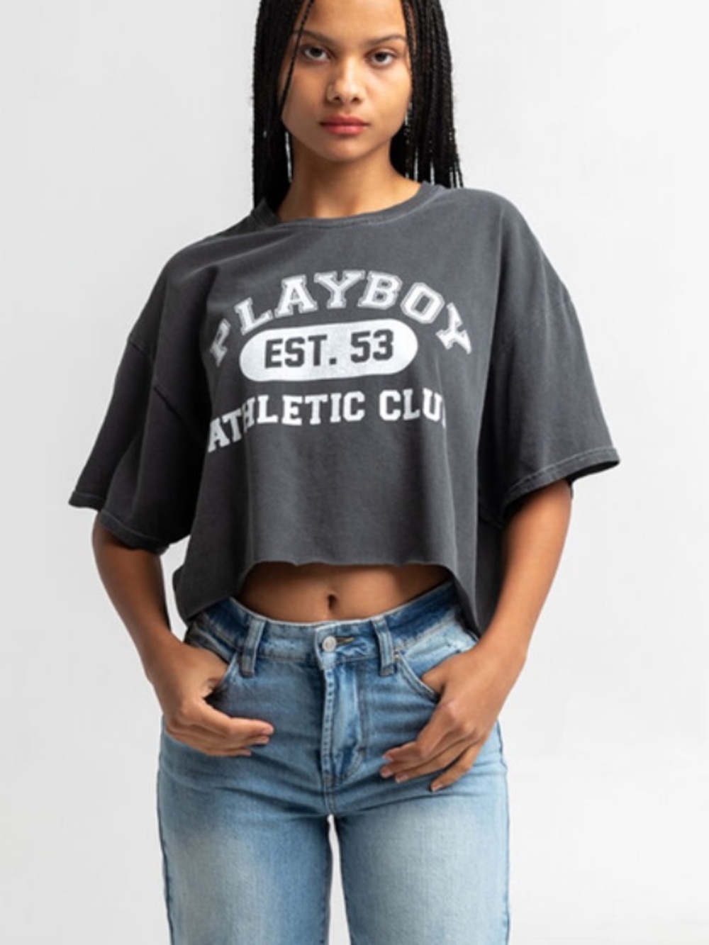 PLAYBOY Charcoal Gray Cropped Graphic Tee